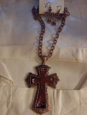 DaVinci Copper-Tone Cross Necklace with Red Enamel Inset